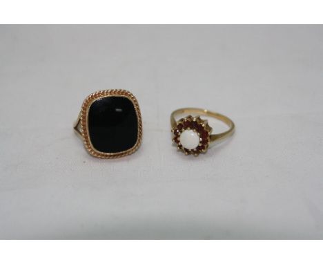 A 9CT GENT'S RING, with black stone, ring size O and a 9ct opal and ruby cluster ring, ring size L1/2 (2)