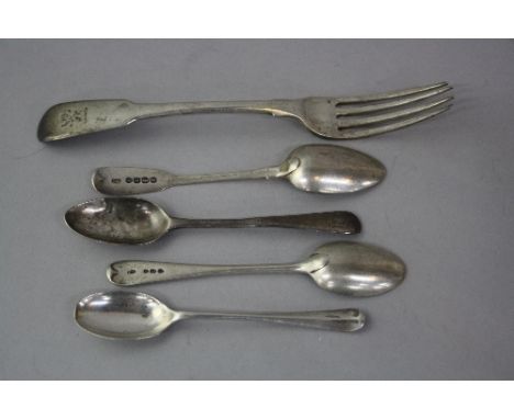 A SILVER FORK, London 1813, together with a pair of silver teaspoons, London 1890, 1821, Sheffield 1919, etc, approximately 4