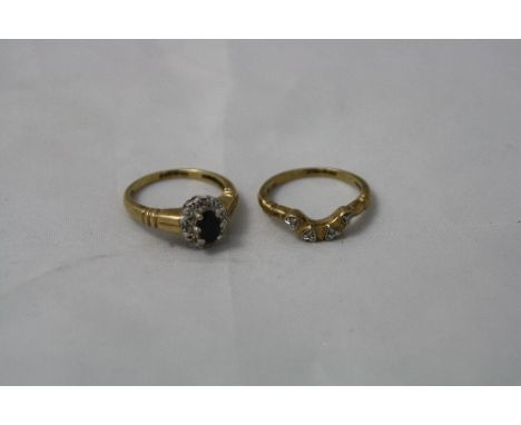 TWO 9CT GOLD RINGS, the first a sapphire and diamond cluster, ring size K1/2, the other a matching wedding band set with four