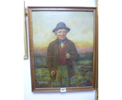 PORTRAIT STUDY, farmer in field, oil on canvas, approximately 45.5cm x 35cm
