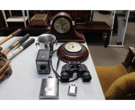A reproduction cased three hole mantel clock together with a barometer; a pair of Miranda 8 x 40 binoculars; Kodak camera; tw