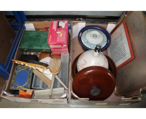 Two boxes containing various sundry items to include silver plated dressing table set; picture frames; a two station wireless