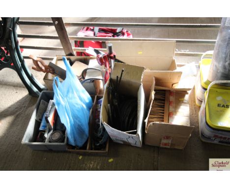 A quantity of various hand tools and workshop equipment to include saws; screws and nails; grill stand; metal wire; bag of sp
