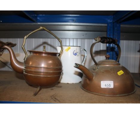 A copper kettle and a copper teapot with brass handle together with an enamel jug