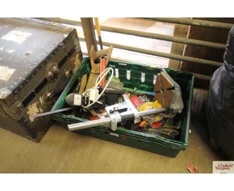 A plastic tray with contents of various hand tools to include hand saws; pillar drill press; various grinding discs; outdoor 