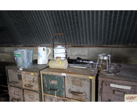 A quantity of enamel ware; beer buckets; coke bottle opener; ceramic hot water bottle etc. 