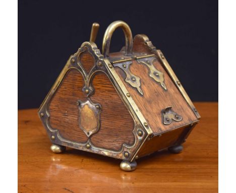 Miniature novelty oak tea caddy, modelled as a coal scuttle with a silver plated handle, mounts, liner and shovel, bearing lo
