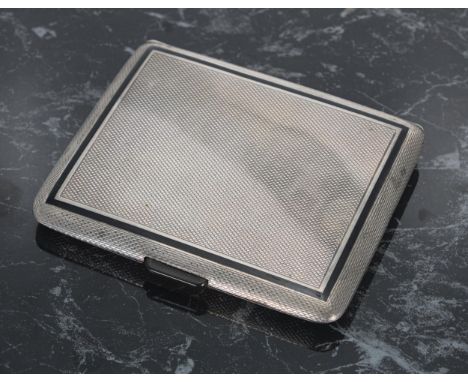 Art Deco silver cigarette case, with engine turned decoration and black enamelled border, the interior gilt, maker P H Vogel,