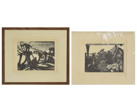 Claire Leighton (1898-1989) - "March, Threshing", together with a further example entitled "February, Loping", inscribed on l