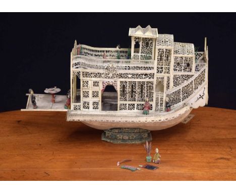 19th century Chinese bone model of a junk houseboat,&nbsp;on stand, 17" wide, 10" high 