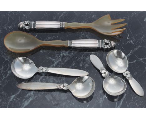 Georg Jensen, Denmark sterling silver handled 'Acorn' salad servers, with horn effect ends and acorn finials, stamped, 8" lon