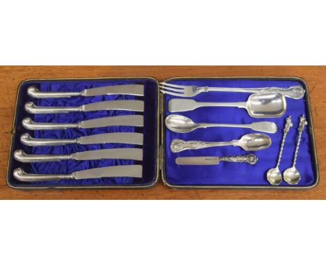 Selection of silver flatware; Victorian sugar shovel by George Aldwinckle, 6" long, pair of Victorian Kings pattern pickle fo