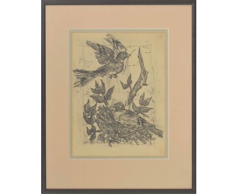 After Pablo Ruiz Picasso (20th/21st century) - "Gold Finch", two gold finch in a branch of tree, one sitting on a nest in the
