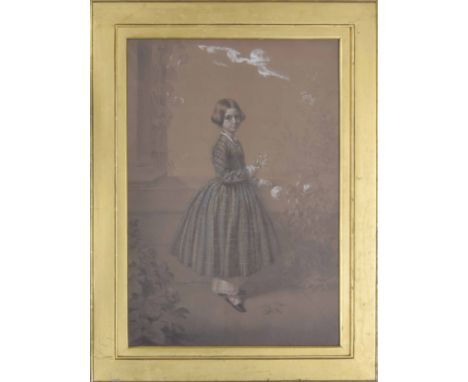 R*A* Clack (19th century) - portrait of a young girl, standing wearing a tartan dress and holding flowers, signed, pencil, ch