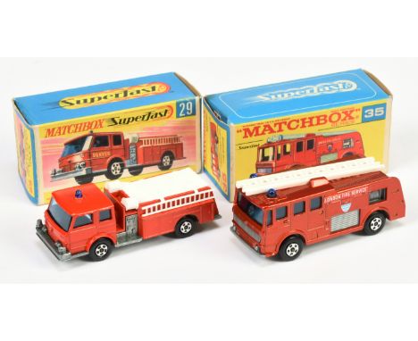 Matchbox Superfast pair of Fire Engines to include (1) 29a Fire Pumper Truck - red body, blue windows, and roof light, bare m