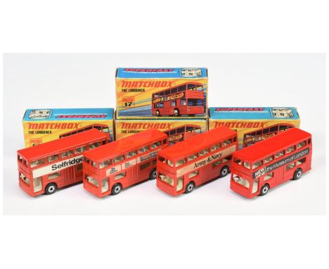 Matchbox Superfast 4 x 17b Daimler Fleetline Londoner Bus - all are brick red body, gloss black base with axle braces, dot-da