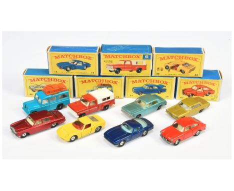 Matchbox Regular Wheels group of late 1960's issue cars to include (1) 6d Ford Pick-up Truck red body with white grille; (2) 