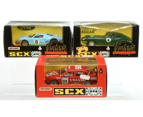 Matchbox SCX Slot Cars Group of Racing Cars - (1) 83710 Jaguar E-Type; (2) 83920 Volvo 850T Touring Car; (3) 83940 Ford GT40 