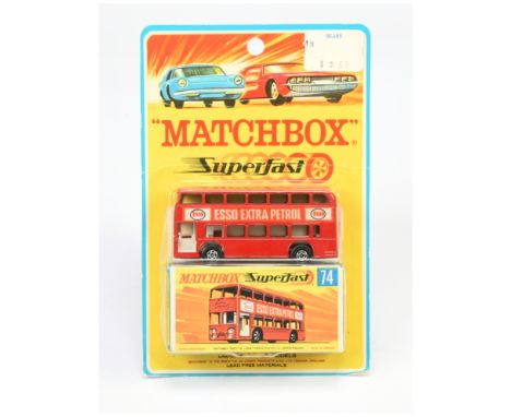 Matchbox Superfast 74a Daimler Fleetline Bus "Esso" - dark red body &amp; base - Excellent (glue showing through labels which