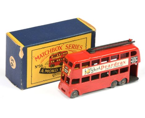 Matchbox Regular Wheels 56a London Trolleybus "Drink Peardrax" &nbsp;- Stannard Code 1 - red body with smooth roof interior, 