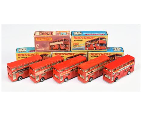 Matchbox Superfast 5 x 17b Daimler Fleetline Londoner Bus - all are dot-dash wheels - (1) "Army &amp; Navy" - brick red body,