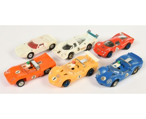 Slot cars - Scalextric car group to include 2 x Javelin Pale yellow race No.1, Blue race No.6, Electra Orange Race No.2, Ford