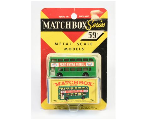 Matchbox Regular Wheels 74b Daimler Fleetline Bus - green body and base, Esso labels, white interior, 36-tread black plastic 