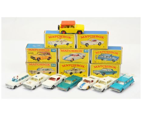 Matchbox Regular Wheels group of mid to late 1960's issue American Cars. Including 8e Ford Mustang; 18e Field Car (missing 1 