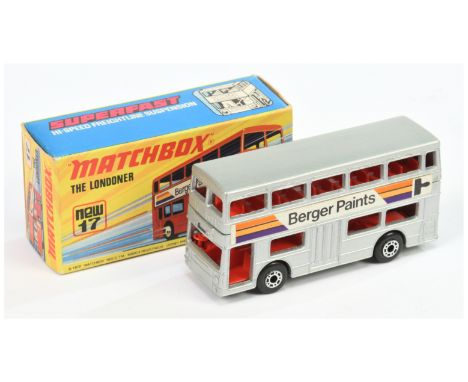 Matchbox Superfast 17b Daimler Fleetline Londoner Bus "Berger Paints" - metallic silver body with labels facing rear, red int