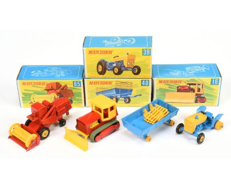 Matchbox Regular Wheels group of early 1970's issue mostly Farm Vehicles - Including (1) 16d Case Bulldozer with lemon yellow