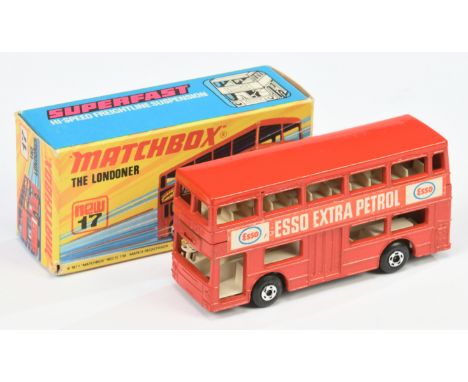 Matchbox Superfast 17b Daimler Fleetline Londoner Bus "Esso Extra Petrol" - brick red body, matt black base with axle braces,