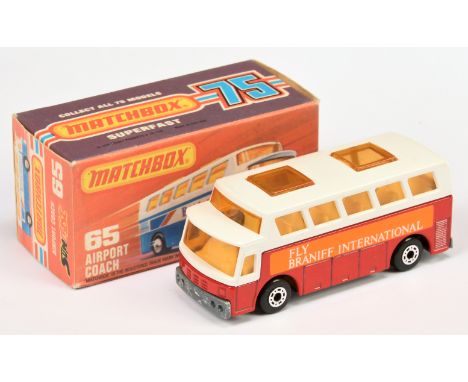 Matchbox Superfast 65b Airport Coach "Fly Braniff International" Code 3 Issue - red body, light amber windows, pale yellow in