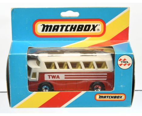 Matchbox Superfast 65b Airport Coach "TWA" MADE IN BRAZIL ISSUE - red body with white tampo print, white plastic roof &amp; i