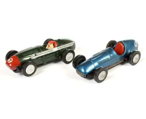 Slot cars - Scalextric Tinplate a pair of racing cars to include one green race No.7 and one Blue race No.9. conditions are G