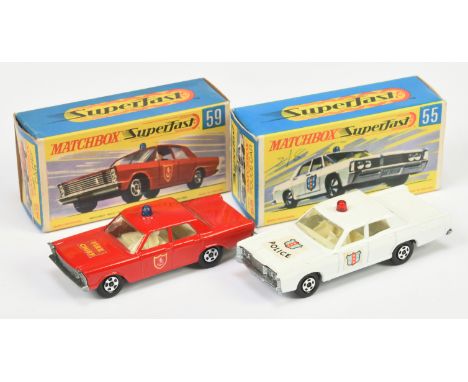 Matchbox Superfast pair of Police &amp; Fire Chief Cars. (1) 55a Mercury Police Car - white body with Police hood label, red 