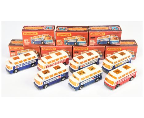 Matchbox Superfast 7 x 65b Airport Coach - all are amber windows, pale yellow interior, base metal base unless stated otherwi