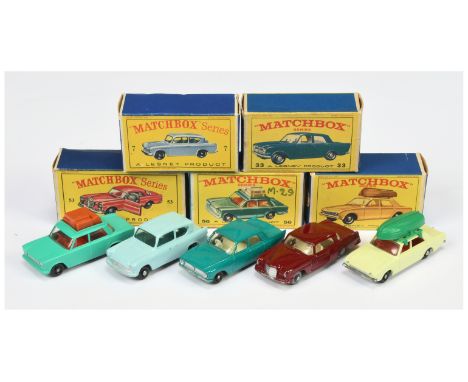 Matchbox Regular Wheels group of Cars - Including (1) 7b Ford Anglia - light blue body, green windows, without rear silver tr