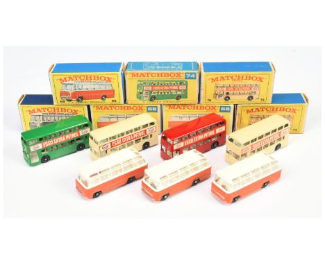 Matchbox Regular Wheels group of coaches and buses - Including 4 x 74b Daimler Fleetline Bus - (1) cream body, Esso decals; (