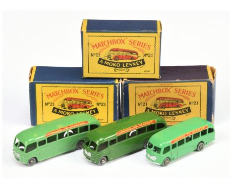 Matchbox Regular Wheels 21a Bedford Coach - 2 x 21b Bedford Coach (1) Light Green body, crimped axles; (2) dark green body , 