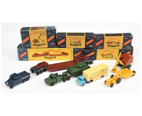 Match box Regular wheels group of Major Packs to include (1) M1 Caterpillar DW20 Earth Scraper; (2) M2 Bedford Articulated Tr