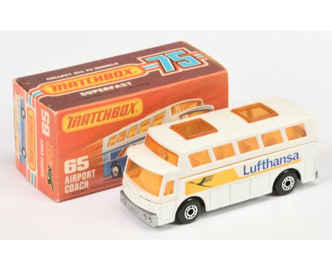 Matchbox Superfast 65b Airport Coach "Lufthansa" - white body &amp; roof, labels facing front, light amber windows, pale yell