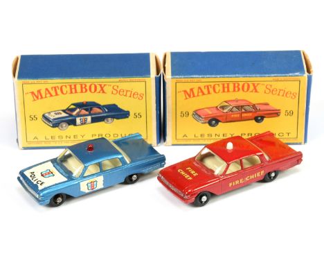 Matchbox Regular Wheels Pair of American Cars. (1) 55b Ford Fairlane Police Car - metallic blue body with rear silver trim, 2