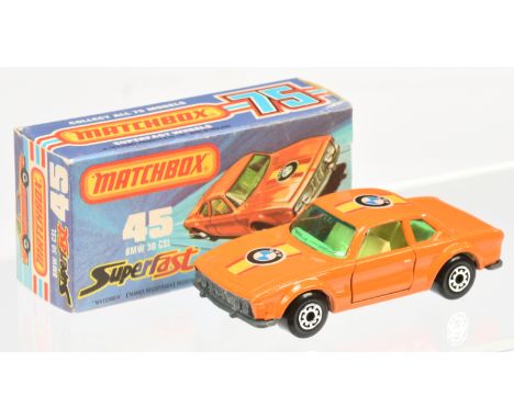 Matchbox Superfast 45b BMW 3.0 CSi - orange body with hood &amp; additional roof label, turquoise green windows with roof lig