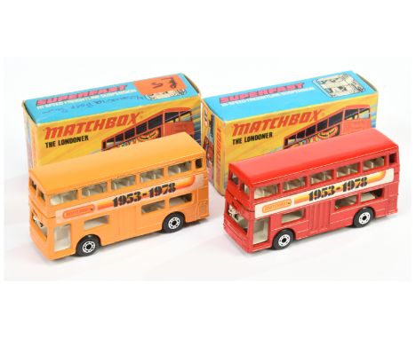 Matchbox Superfast 2 x 17b Daimler Fleetline Londoner Bus "Matchbox 1953-1978" - both are dot-dash wheels - (1) orange body, 