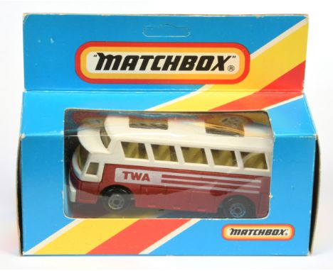 Matchbox Superfast 65b Airport Coach "TWA" MADE IN BRAZIL ISSUE - red body with white tampo print, white plastic roof &amp; i