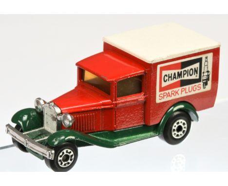 Matchbox Superfast 38e Ford Model A Van "Champion Spark Plugs" Factory Pre-Production Colour Trial - red body, white plastic 