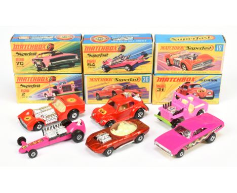 Matchbox Superfast group of early 1970's issue Dragsters to include (1) 2b Jeep Hot Red - pink body, pale yellow interior, li