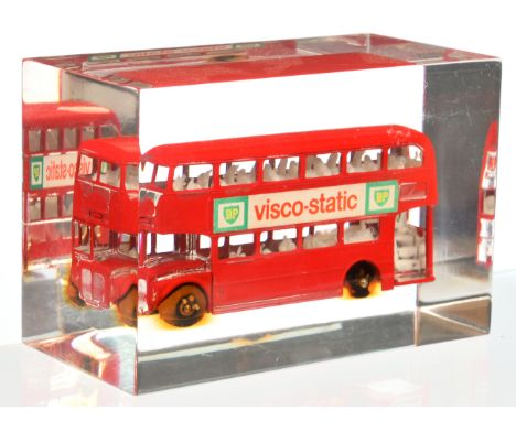 Matchbox Regular Wheels 5d London Routemaster Bus "BP Visco-Static" labels, encased in clear Perspex Paperweight - Fair (plas