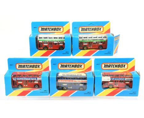 Matchbox Superfast 5 x 17c Leyland Titan Bus. (1) "Aviemore Centre - Santa Claus Land"; (2) as (1) but labels reversed; (3) "