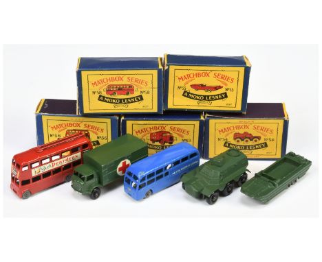 Matchbox Regular Wheels group of Military Cars and Buses to include (1) 56a London Trolleybus "Drink Peardrax" red body with 